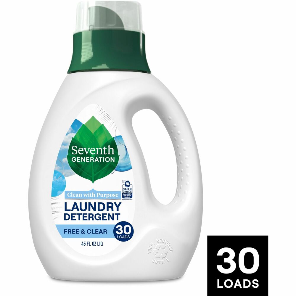 SEV45066 - Hang wash-day worries out to dry with this Natural Liquid Laundry Detergent. Formula contains plant-derived cleaning agents and triple enzymes to make short work of even tough stains, but is gentle to your world. Detergent powers through tough laundry challenges without dyes, optical brighteners or synthetic fragrances. Clinically tested hypoallergenic and nonirritating to skin, detergent works well in all temperatures and is designed for standard and high-efficiency machines. Detergent is USDA Certified Bio-based 97 percent and Kosher and Leaping Bunny Certified. Using this detergent supports sustainable palm oil. Bottle is made from a high percentage of post-consumer recycled plastic. This 45 oz. size yields 30 loads.