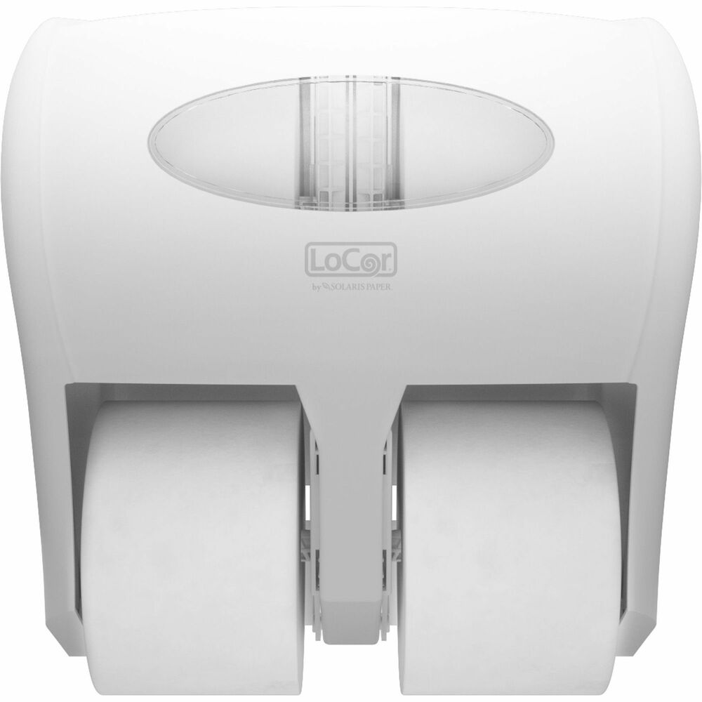 SOLD67052 - This 4 Bath Tissue Dispenser is a high-capacity system that helps reduce labor costs with fewer roll replacements. Modern design upgrades the appearance of any washroom while maximizing efficiency and delivering cost-efficiency. It is compatible with LoCor Bath Tissue (not included) that uses rapidly renewable fiber (RRF) made from eucalyptus and acacia trees that can be harvested every 6 to 8 years - less than half as long as traditional-grown trees.