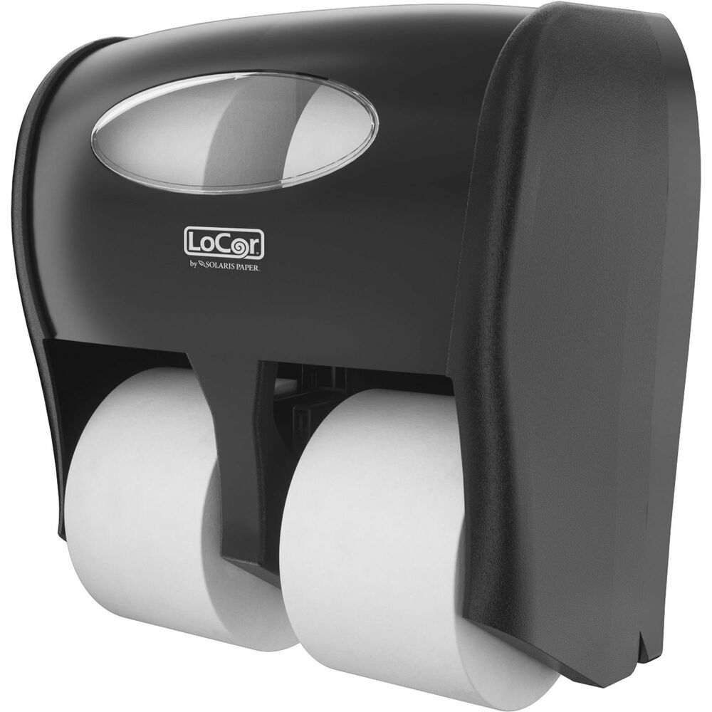 SOLD67053 - This 4 Bath Tissue Dispenser is a high-capacity system that helps reduce labor costs with fewer roll replacements. Modern design upgrades the appearance of any washroom while maximizing efficiency and delivering cost-efficiency. It is compatible with LoCor Bath Tissue (not included) that uses rapidly renewable fiber (RRF) made from eucalyptus and acacia trees that can be harvested every 6 to 8 years - less than half as long as traditional-grown trees.