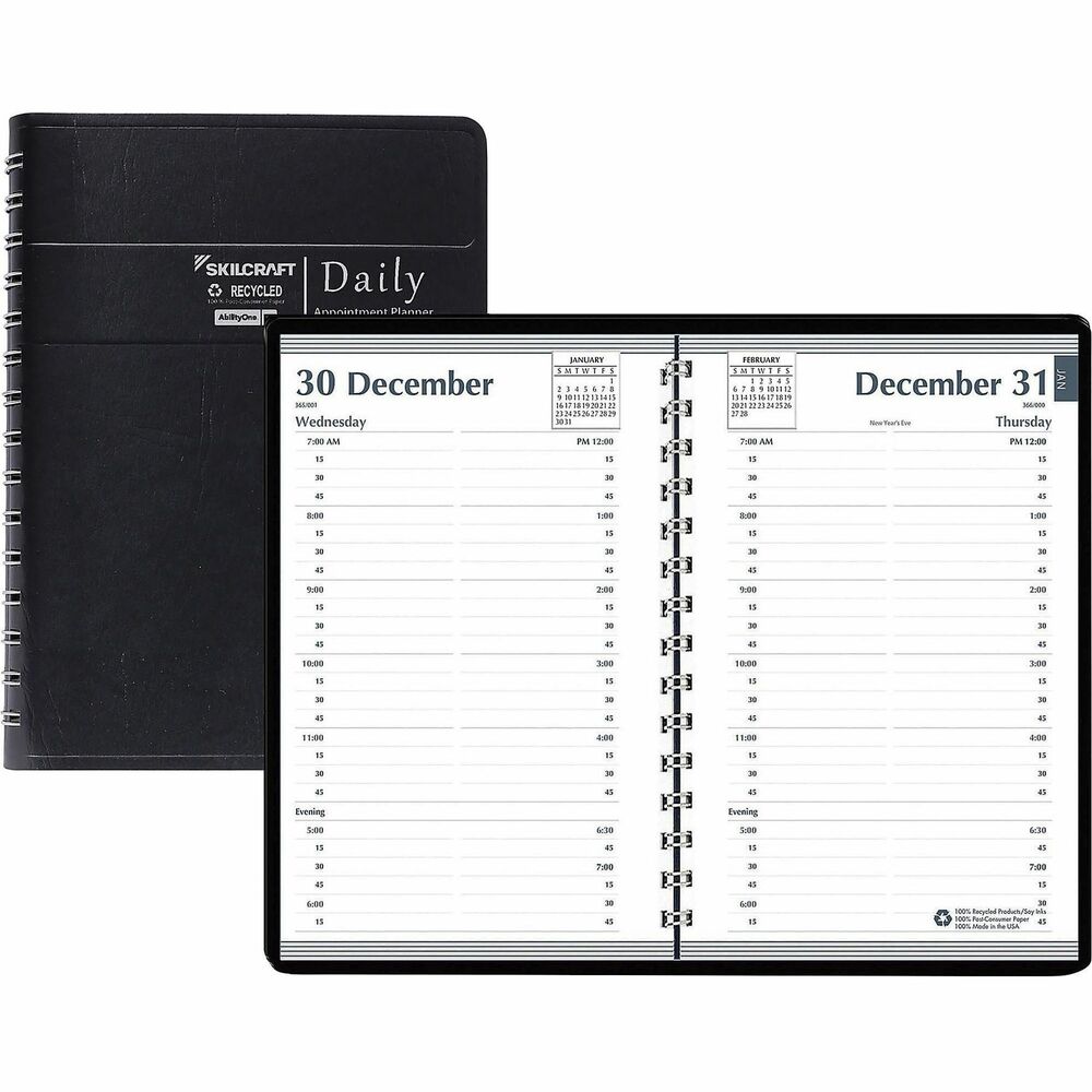 NSN6935597 - Daily Appointment Planner helps you keep track of important appointments and dates. Dated planning pages range 12 months from January to December. Two-page-per-day spreads daily entries with appointments in 15-minute increments and past and future months reference. Printed monthly indicators allow quicker access to the dates you need. Pages are made with 100 percent post-consumer recycled, FSC paper and printed using soy inks. Embossed, simulated leather cover is made using 50 percent post-consumer recycled content. Strong wire binding contains 90 percent post-consumer recycled material. 