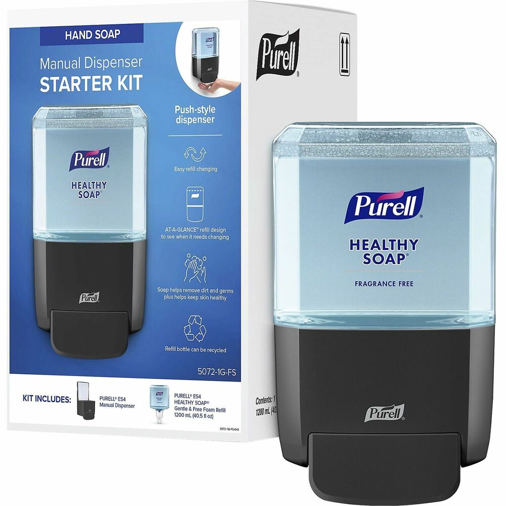 GOJ50721GFS - Provide hand hygiene when and where it's needed with this PURELL ES4 Push-Style Soap Dispenser Starter Kit. Kit includes an ES4 dispenser and one 1200 ml. hand soap refill. Stylish dispenser keeps facility maintenance simple and bathrooms looking modern. HEALTHY SOAP Gentle and Free Foam Refill helps wash away dirt and germs commonly found in healthcare environments. Hypoallergenic formula is enriched with moisturizers and skin conditioners for frequent use. It is also free of dyes, fragrances, phthalates, parabens and triclosan. AT-A-GLANCE refill provides an easy way to see when refills need to be changed. Refill is SANITARY SEALED for a hygienic experience. ADA-compliant dispenser is made of durable ABS plastic for lasting use. Mount to the wall with included adhesive tape or optional mounting screws (not included).
