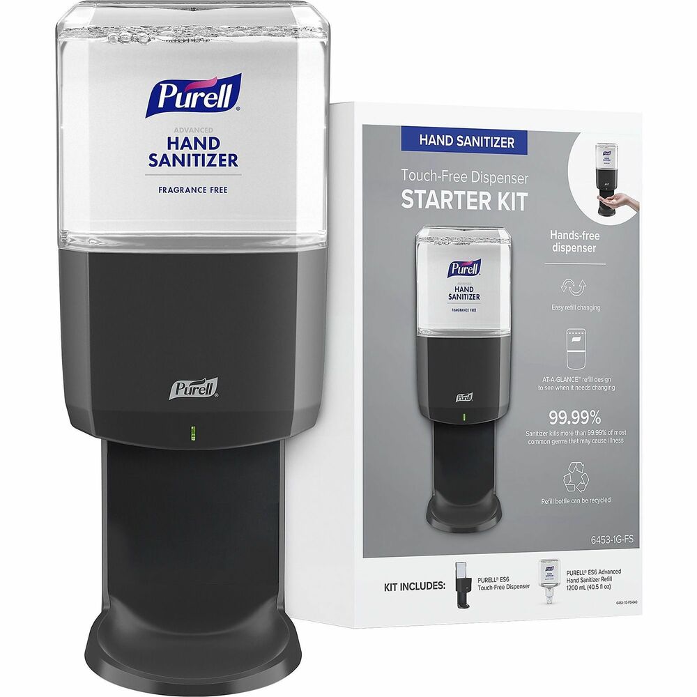 GOJ64531GFS - Provide hand hygiene when and where it's needed with this PURELL ES6 Touch-Free Hand Sanitizer Dispenser Starter Kit. Place by entrances, outside restrooms, in breakrooms and other areas of the facility to stay committed to the health of your employees and visitors. Kit includes a 1200 ml. refill of PURELL Advanced Hand Sanitizer that kills 99.99 percent of most common germs and leaves skin feeling clean and refreshed. AT-A-GLANCE refill is easy to load and maintain. Elegant, ADA-compliant dispenser complements any decor and dispenses the optimal dose for effective hand hygiene. Dispenser is made with durable ABS plastic for long-lasting use. Mount to a wall with included adhesive tape or optional mounting screws (not included).