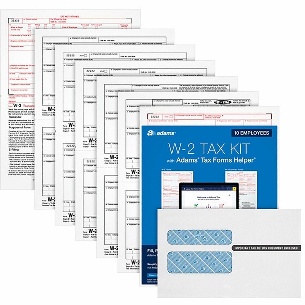 TOP22908KIT - 6-Part W-2 Online Tax Kit supplies exactly what you need to file W-2s for up to 10 employees. The six-part, carbonless forms feature places for employee wages, tips and taxes withheld to the Social Security Administration and to your employees. Acid-free paper and heat-resistant inks help you produce smudge-free, archival-safe records. The 8" x 5-1/2" forms print two-up on five microperforated, letter-size sheets per copy and include scannable red ink pages with Copies A, D/1, B, C, 2 and D/1. Kit includes 10 Six-Part W-2 sets, three W-3 summary forms, 10 peel-and-seal security envelopes and access to Tax Forms Helper Online, the fast, easy way to file. Tax Forms Helper form filler can upload your W-2 data directly from QuickBooks Online, or import data from a previous year in just a few clicks.