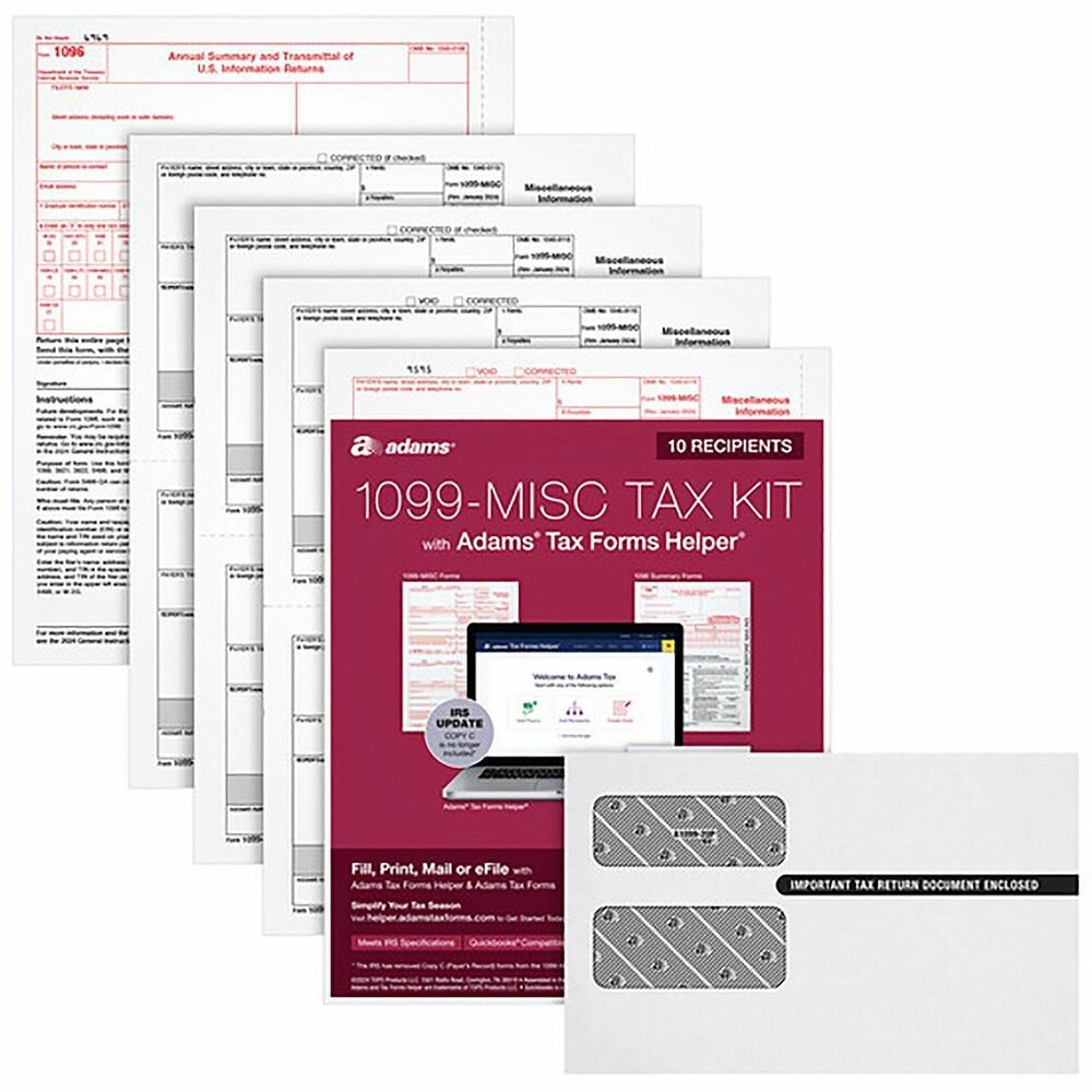 TOP22907KIT - Five-part, 1099-MISC Online Tax Kit gives you everything you need to conquer your taxes. Kit includes 10 five-part 2-up 1099-MISC tax forms, 10 peel-and-seal envelopes, three 1096 forms and access to Adams Tax Forms Helper - the quick, easy way to file. User-friendly Tax Forms Helper will upload your 1099-MISC data directly from QuickBooks Online or import from a previous year in just a few clicks. Continuous-use form features a fill-in-the-year date field to use for multiple tax years. Acid-free paper and heat-resistant inks help produce smudge-free, archival-safe tax forms. Copy A and 1096 sheets have scannable red ink required by the IRS for paper filing. All tax forms meet IRS specifications.