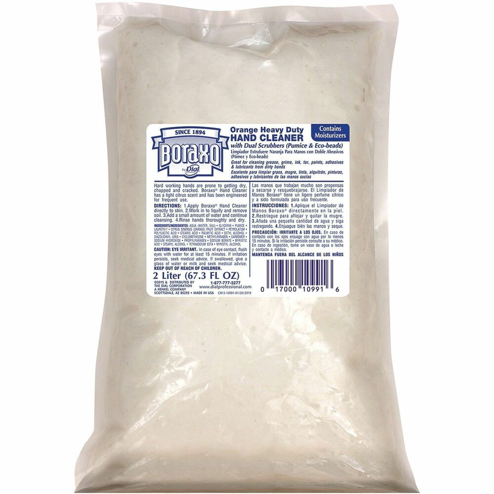 DIA10992 - Orange Heavy Duty Hand Cleaner with Scrubbers uses a two-in-one formula to clean and condition the hardest-working hands. Hand soap contains dual-scrubbers, borax and orange oil for deep cleaning. Formula removes tough grease, grime, ink, tar, paint and more from dirty hands. Phosphate-free soap contains hydrating moisturizers, making it ideal for frequent use. 2-liter soap refill is compatible with Boraxo Heavy Duty Soap Dispenser (not included).