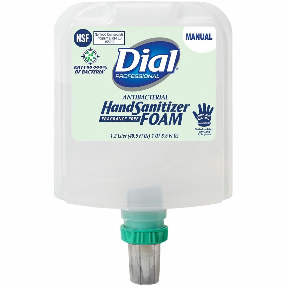 DIA19717 - Antibacterial Foam Hand Sanitizer Refill conveniently and effectively kills 99.999 percent of pathogenic bacteria encountered in away-from-home settings in as little as 15 seconds. Dermatologist-tested, hypoallergenic formula is free of fragrances and dyes. Hand sanitizer contains skin conditioners that are gentle on hands even after repeated use. Formula is tested and compatible with latex, vinyl and nitrile gloves. It is NSF E3 listed in the Nonfood Compounds Program. 1.2-liter refill is compatible with Dial 1700 Universal Manual Dispensers (not included).