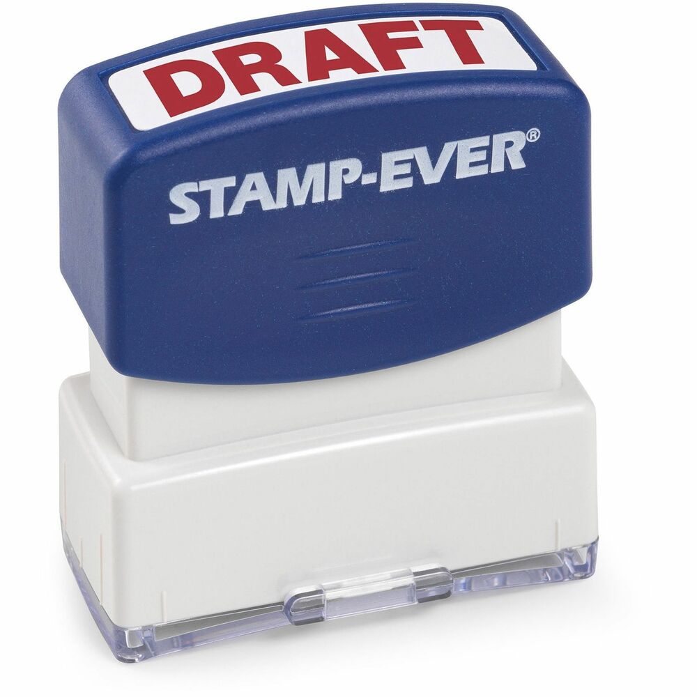 TDT5947 - Pre-inked, one-color stamp imprints the word DRAFT in all red uppercase letters. It is perfect for stamping all kinds of documents including invoices, receipts, faxes, statements, envelopes and more. Flip cover keeps fingers free of ink. Stamp-Ever Message Stamp offers an impression size of 9/16" x 1-11/16" (14mm x 38mm). It lasts for thousands of impressions before re-inking with Stamp-Ever ink.
