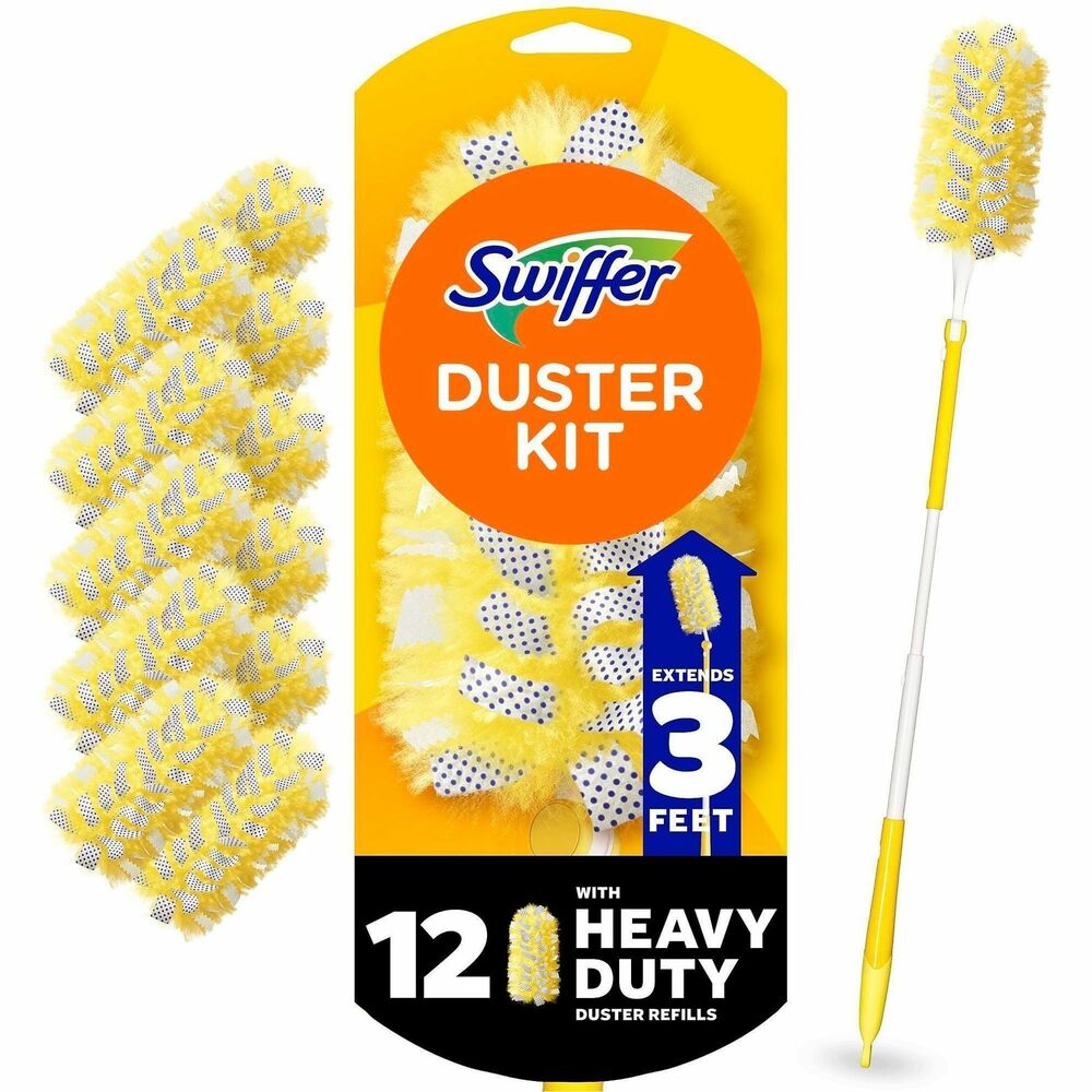 PGC77300 - The Swiffer Heavy-Duty Dust Kit comes with a 3' extender handle and 12 heavy-duty duster refills. Refills are designed to trap and lock significantly more dust and allergens than regular or feather dusters. Each duster features 360-degree, specially coated fibers for comprehensive cleaning on most surfaces. They're great for cleaning blinds, knickknacks, fan blades and other hard-to-reach places.