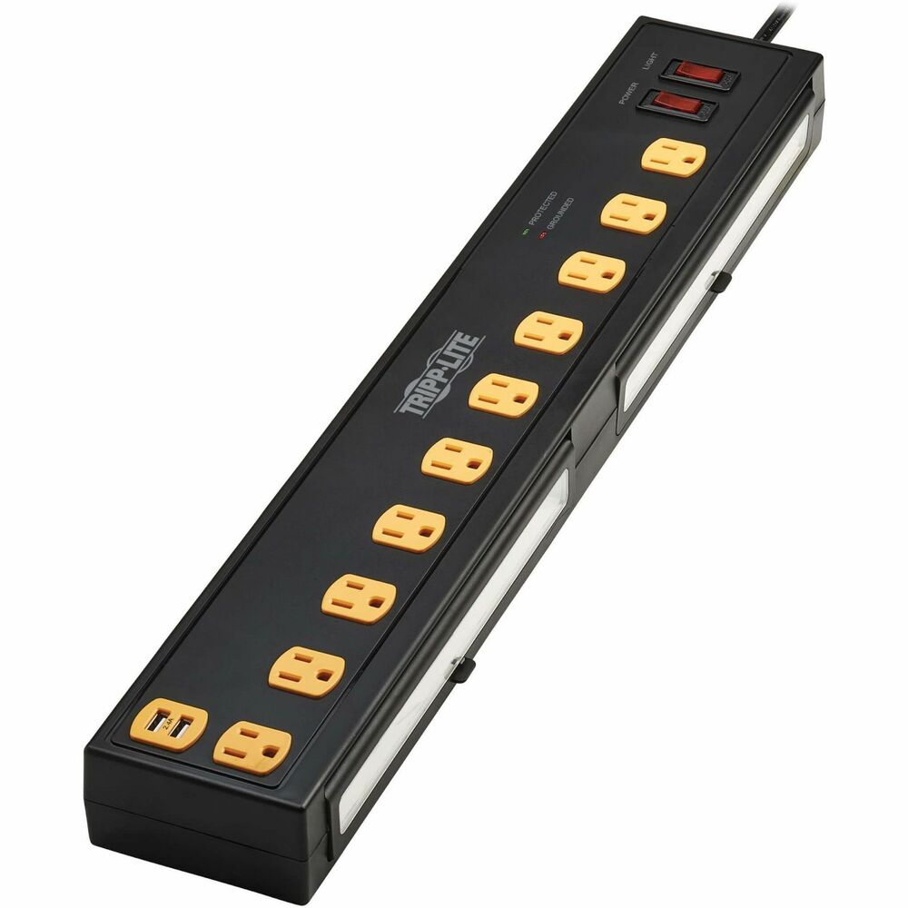 TRPTLP1006USB - 10-Outlet Surge Protector safeguards your sensitive electronics. It is ideal for your home, office, retail or industrial workstation. Protect It Surge Protector features a 1350 joule rating to defend your valuable electronic components against damaging power surges and spikes. 6' long AC input cord with NEMA 5-15P plug gives you flexibility in placing the surge protector away from the nearest wall outlet. NEMA 5-15R outlets accept a wide range of electronic devices. Plug your computer, wireless router, power tools, lab equipment and other electronics into the outlets to protect them against surges, spikes and line noise. Outlets are adequately spaced to accommodate bulky transformers without blocking adjacent receptacles. Premium protection from EMI and RFI line noise helps your equipment perform better and last longer. Use the two USB ports to charge your phone or tablet.