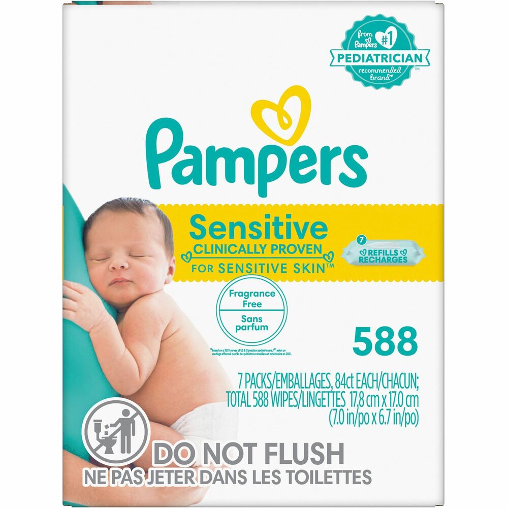 PGC07325 - Pampers Baby Wipes Sensitive in refill pouches are clinically proven to be gentle on your baby's delicate skin needs in mind. Hypoallergenic and dermatologically tested, these soft wipes are as mild as a washcloth in water so they are ideal for a baby's sensitive skin. The pH-balancing lotion helps maintain skin's natural pH. Extra-thick, strong wipes with a refreshing scent are made with lotion, pure water and Unique Softgrip Texture. They contain no phenoxyethanol, parabens, perfume or alcohol.