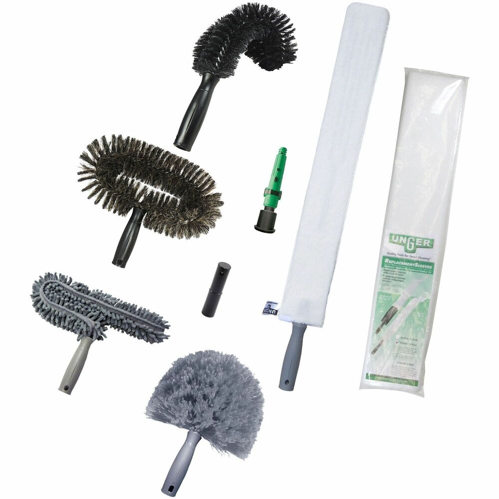 UNGHADK2 - High Access Dusting Kit features all the tools you need to safely dust high-access areas. Convenient, multisurface dusting kit includes a CobWeb Duster Brush, StarDuster Pipe Brush, StarDuster Wall Brush, StarDuster Pro Ceiling Fan Duster, StarDuster ProFlex, nLite Classic Tool Adapter and StarDuster ProFlat/Flex Sleeves. Tools work with Unger extension poles and Pure Water nLite Waterfed Poles (none included) using the included adapter to clean more than 65' high.
