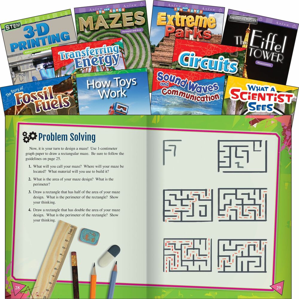SHL100581 - Build math, science and reading skills with this book set that supports STEM education. Fourth-grade students will develop their reading skills while reading high-interest content including 3D printing, how circuits work, story of fossil fuels, extreme sports parts, scientific method and more. Nonfiction books use real-life examples of problem-solving to teach students essential vocabulary and concepts. Vivid images, detailed sidebars, practice problems and math charts make learning concepts fun and easy. Hands-on lab activity supports STEM education. Text features include a glossary, index and table of contents to increase understanding of math and science concepts.
