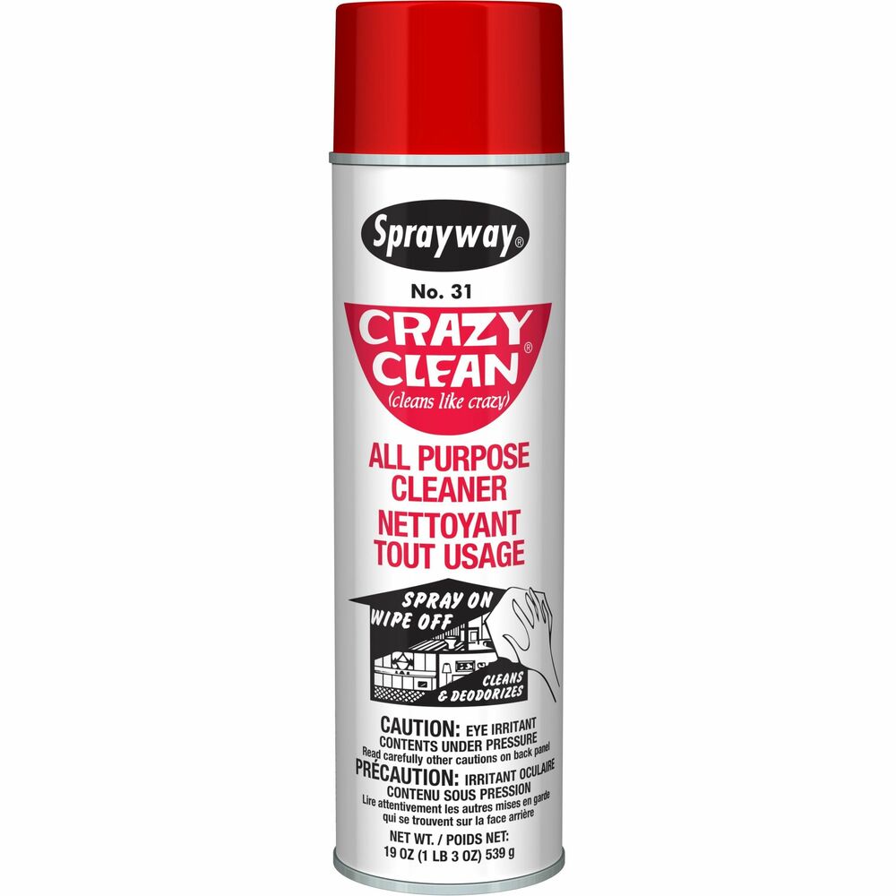CGCSW031CT - Crazy Clean All-Purpose Cleaner cleans like crazy as a general-purpose spray for most cleaning situations. Spray on and wipe off to remove dirty handprints from walls and doors, scuff and crayon marks, grease spots, soot stains and smoke film. Clinging foam cleans, deodorizes, produces sparkling results and breaks up grease and grime. Nonabrasive formula is safe for use on painted, porcelain and tile surfaces, window sills and venetian blinds. It is also perfect for use in kitchens and bathrooms to clean sinks, stoves, refrigerators, tubs, washbowls and toilet bowls. Multipurpose cleaner is great for auto detailers, glass/mirror handlers, industrial maintenance workers, housekeeping personnel or sign/display tradesmen.