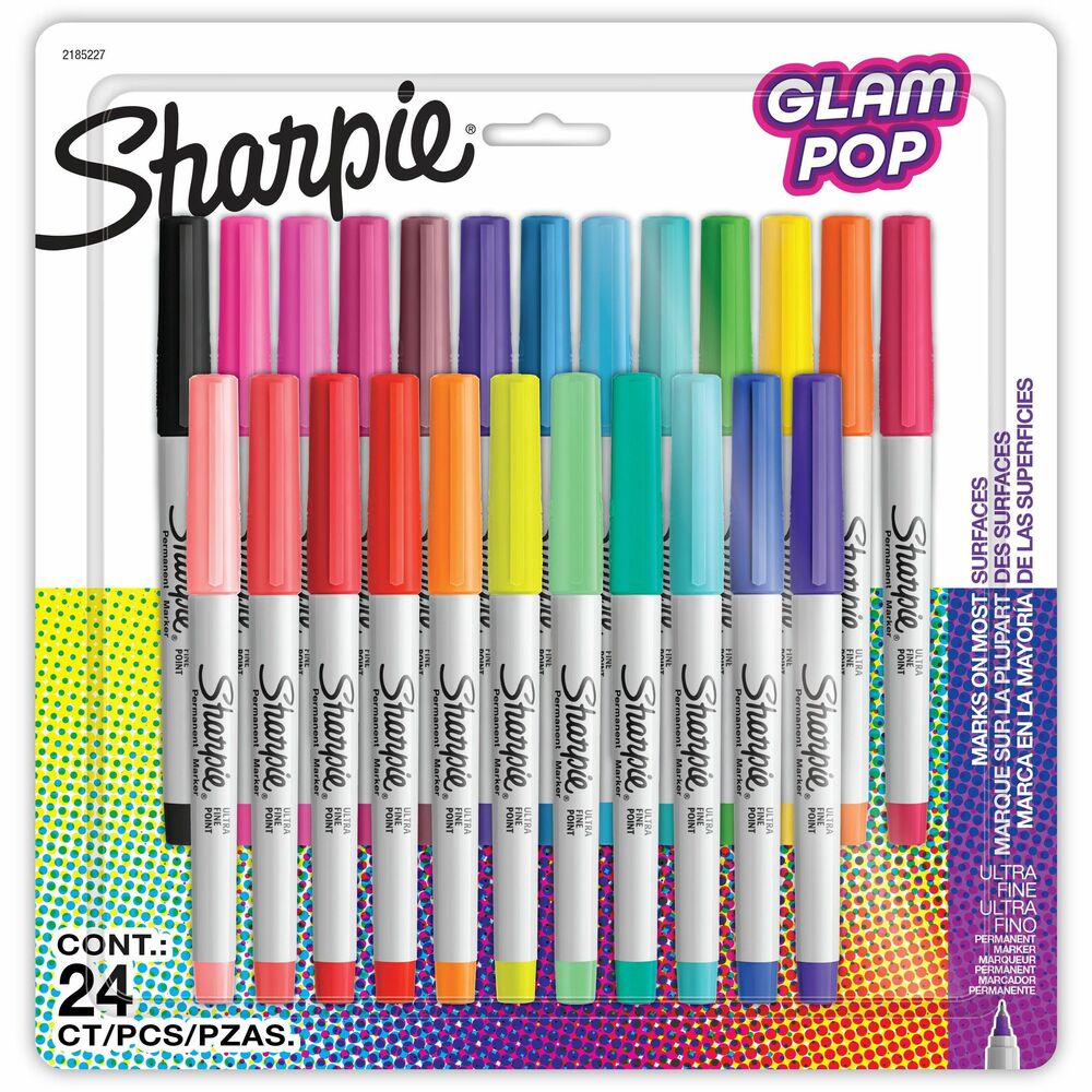 SAN2185227 - Glam Pop Permanent Markers incorporate bright shades of each hue to inspire imaginative energy and encourage confident, colorful creations. Vivid, brilliant colors create eye-popping, vibrant impressions. Remarkably resilient ink dries quickly, resists fading and water, and marks on most surfaces. Ultra-fine tip produces detailed lines and markings. More from the Manufacturer