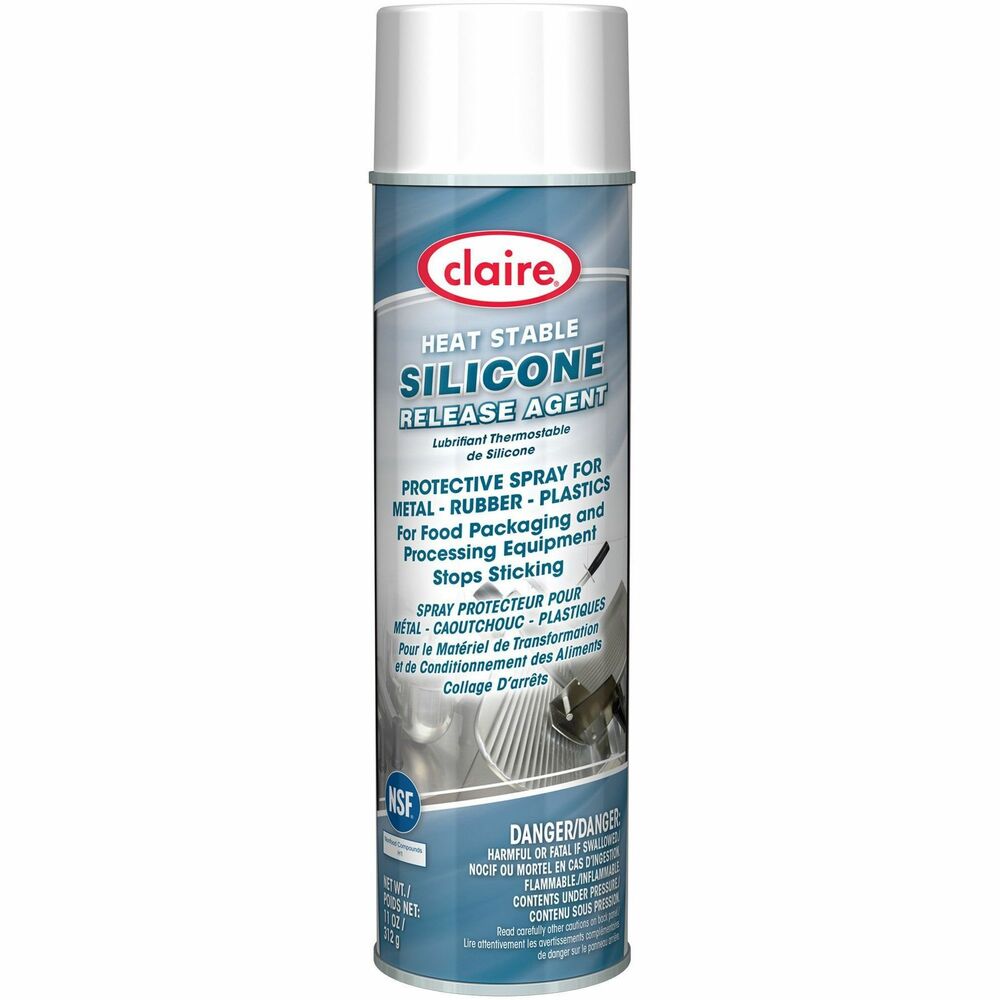 CGCCL948 - Heat Stable Silicone Release Agent is a protective spray to stop food-packaging and food-processing equipment from sticking or binding. It is perfect to use on metal, rubber and plastics as a lubricant, release agent, water-repellent and protective coating. Dry silicone film is nonflammable, colorless, nonstaining, waxless and heat stable. Waterproof, anticorrosive, NSF-registered formula is unaffected by temperatures from negative 40 degrees Fahrenheit up to 200 degrees Fahrenheit. Use on equipment such as ovens, freezers, conveyors, belts and chutes. Spray only on cool ovens, and avoid spraying pilot lights. Proper use of this silicone spray minimizes cleanup time, speeds up equipment disassembly, stops sticking and binding, protects equipment and increases production.