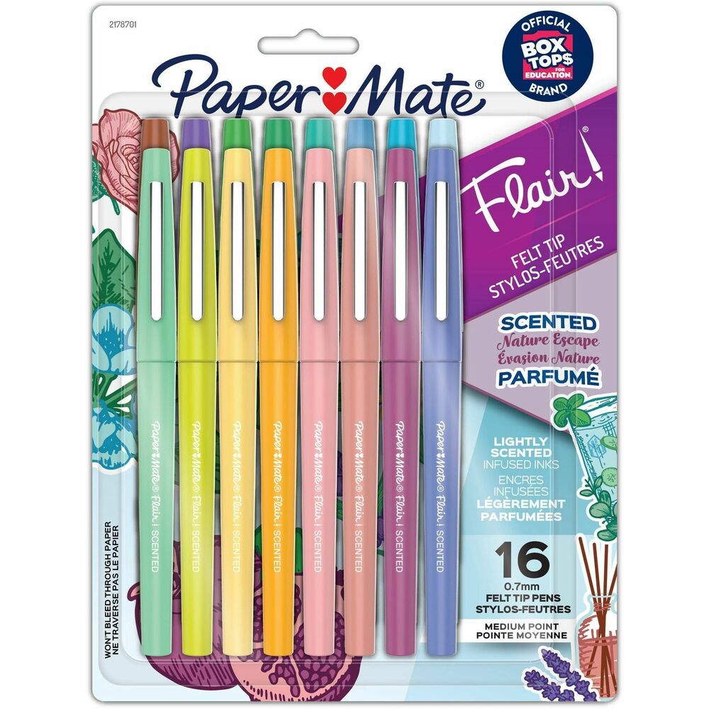 PAP2178701 - Escape to nature with this collection of Flair Scented Pens that feature soothing, nature-themed fragrances and vivid colors. Indulge your senses with lightly infused aromas such as Honeysuckle, Blue Jasmine, Lavender and more. Express your creativity with felt tip pens that won't bleed through paper. Ink resists fading and smearing so your work stays neat. Point Guard technology keeps the tip from fraying. Take a moment for yourself with scented pens as you bullet, journal, color, take notes and more. More from the ManufacturerRebate: $25 Visa Card with $75 Newell Brands Buy View Rebate Details