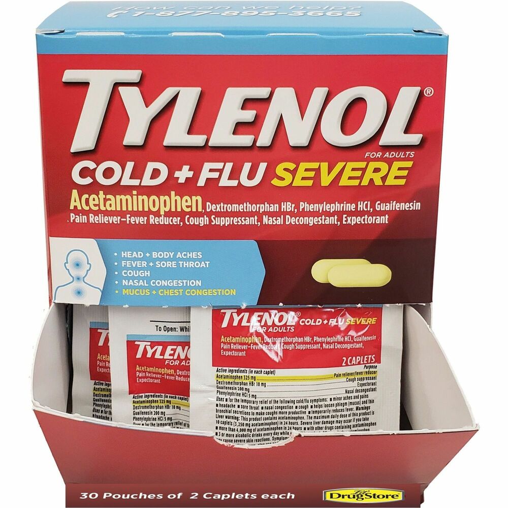 LIL64568 - Tylenol Severe Cold and Flu Medicine provides temporary relief of cold and flu symptoms such as fever, minor aches and pains, headache, sore throat, nasal congestion and cough. Acetaminophen helps loosen mucus and thin bronchial secretions for a more productive cough. Single-dose packets and dispenser box deliver sanitary dispensing.