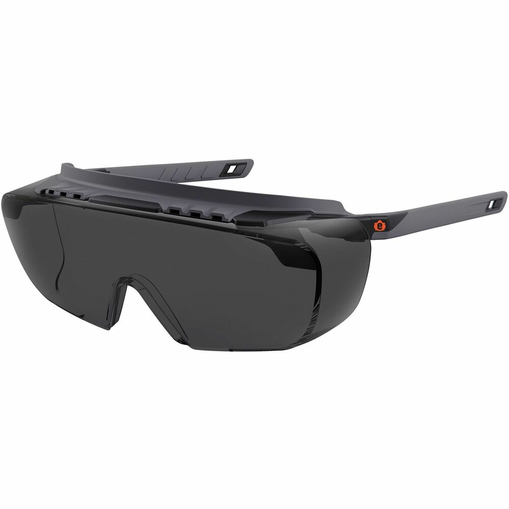 EGO55105 - Skullerz Osmin Safety Glasses feature an Over-the-Glasses (OTG) wraparound lens for a wide field of vision and seamless fit over prescription frames. Polycarbonate lenses protect against impacts and filter 99.9 percent of harmful UVA, UVB and UVC rays. With 16 percent Visual Light Transmission (VLT), these smoke lenses are ideal for outdoor and bright-light conditions. Nonslip frame features a nylon and soft rubber design for added durability and flexibility while a molded-in brow guard and side shields provide enhanced protection from debris. Integrated brow venting enables airflow for all-day comfort. To provide a custom fit on a variety of faces, the rubber temples can be easily bent and re-bent for a custom, secure fit. Built-in, soft rubber guards on the frame and temples protect prescription frames and lenses from constant movement and harmful scratching that can occur with some over-the-glasses safety glasses.
