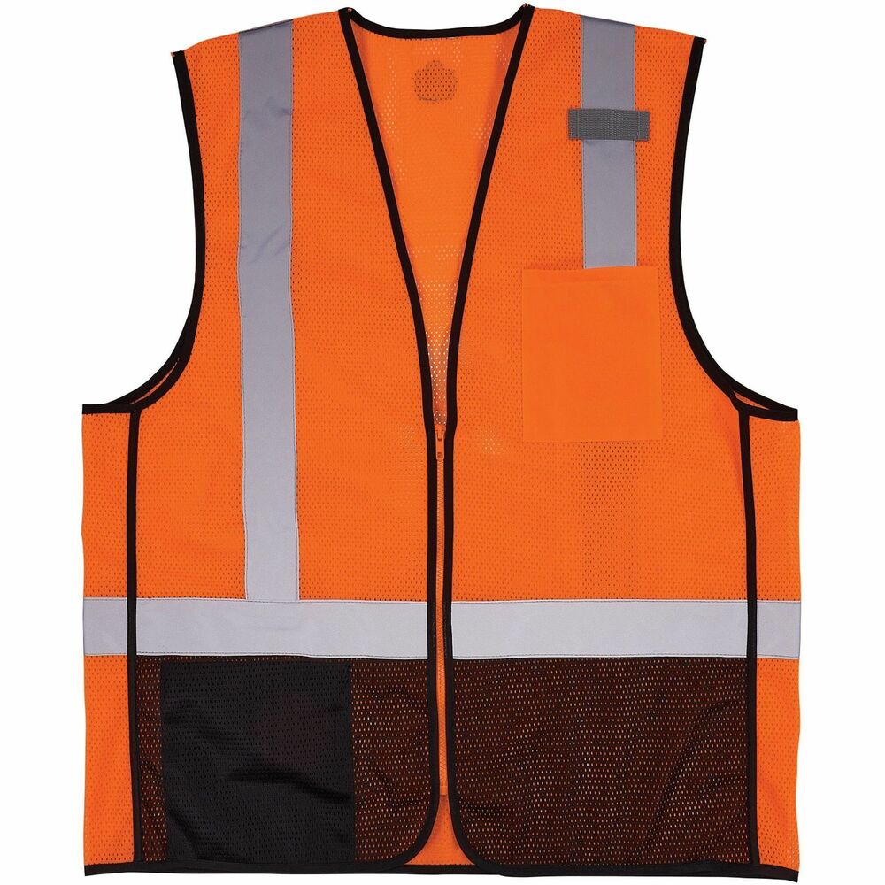 EGO23029 - GloWear 8210Z-BK Mesh Hi-Vis Safety Vest combines protection, job-specific performance, innovation and style. Polyester mesh in an eye-catching fluorescent color is highly visible and ANSI/ISEA 107, Type R Class 2 compliant with 2" reflective tape for low-light visibility. Black paneling hides dirt, dust and sweat for long-lasting wear. Use the zipper to securely close. Lightweight, machine-washable vest also features mic tab for radio access, an interior pocket and exterior pocket for storage of cell phones, tablets, pens and more. Dual sizing fits a range of body sizes. GloWear 8210Z vest is great for road construction, utility crews, survey crews, construction, railway workers, baggage handlers, emergency response and warehousing/distribution. 4X/5X size with 68" long center back fits torsos up to 68" in diameter.