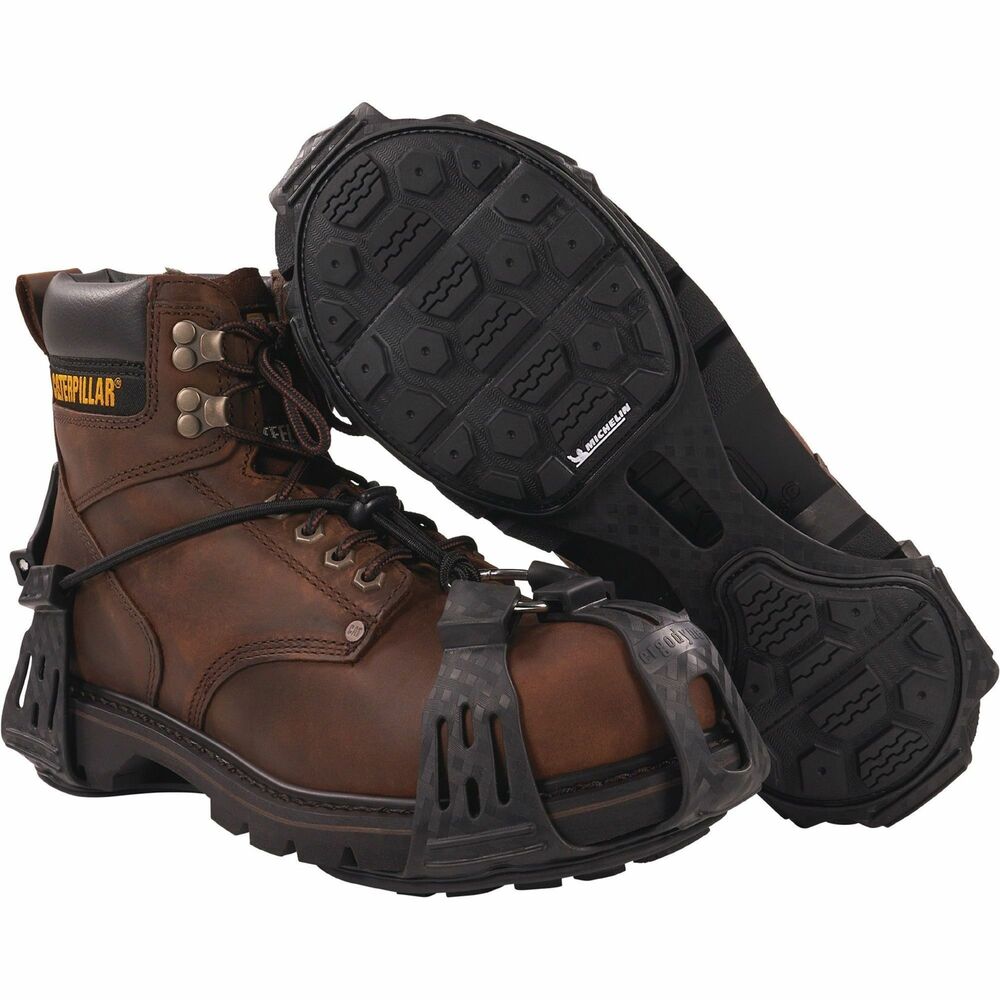 EGO16922 - 6325 Spikeless Traction Devices reduce the risk of slips and injuries by providing spike-free traction on slick surfaces, particularly water, snow and slush. These shoe and boot grips are designed for work environments where spiked ice cleats are not preferred for a safe, easy transition between indoor and outdoor use without scratching surfaces. Soles are constructed with Soles by Michelin (SBM) ice and outdoor rubber compound - the same innovative technology found in Michelin's winter driving tires. Strategically placed grooves allow efficient water evacuation when pressure is applied, preventing water buildup. Tread is designed with block sipes that create additional surface area for increased grip on snow surfaces. Micropumps maximize adhesions by distributing pressure to maintain high surface contact on icy surfaces. One-piece, stretch design with adjustable cord cinches for a secure fit over any style of boot or shoe. Small size fits U.S. men's shoes and boots sizes 5 to 7.