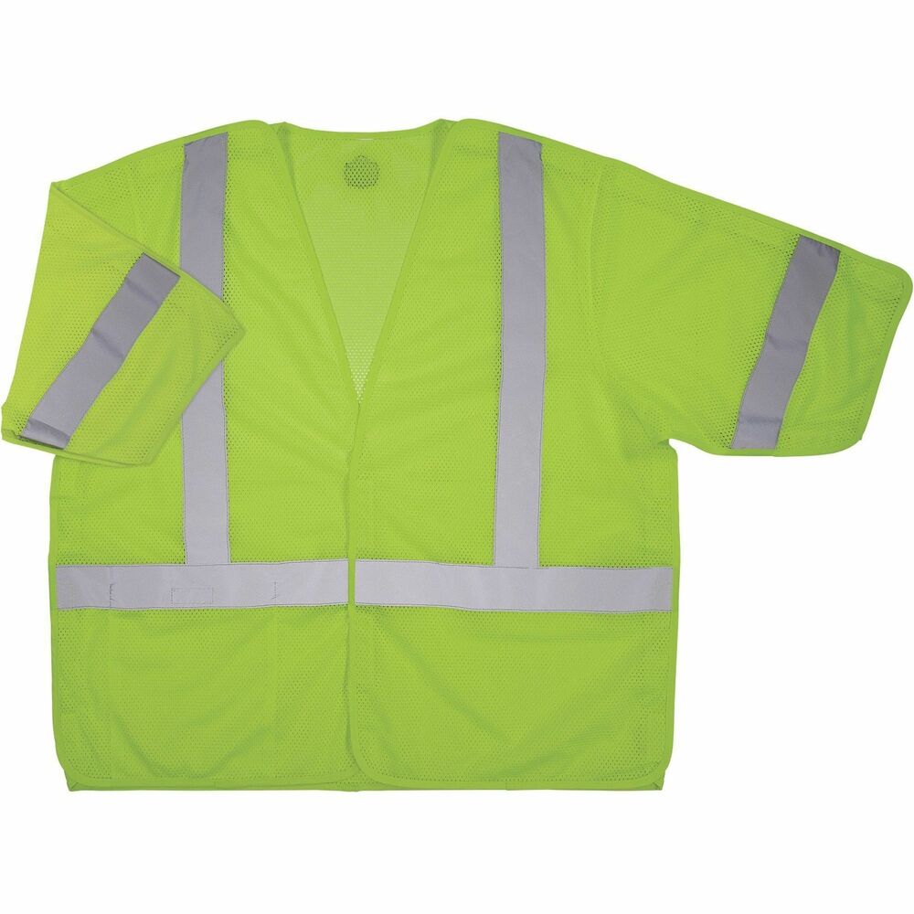 EGO23057 - GloWear 8315BA Breakaway Mesh Hi-Vis Safety Vest is ANSI/ISEA 107-2020, Type R Class 3 certified with 2" reflective tape for low-light visibility and features five-point breakaway for safety around snag hazards and moving parts. It is made of 100 percent polyester mesh with breakaway hook-and-loop on shoulders, sides and front for safety from snag hazards and moving parts. Lower interior pocket offers storage for cell phones, tablets, pens and more. Hook-and-loop closure allows easy on and off. Dual sizing allows a looser fit for wear over shirts, sweatshirts or jackets. Machine-washable vest is lightweight and highly visible for busy roadways, construction and transportation zones. 2X/3X size with 30" long center back fits chests up to 60" in diameter.