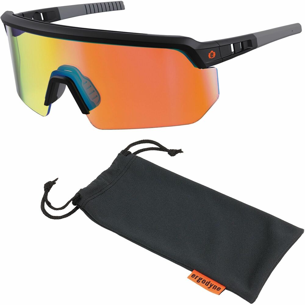 EGO55009 - Aegir Safety Glasses feature an oversized, blade-style design, providing superior eye protection and maximized field of vision. Polycarbonate lenses protect against impacts and filter 99.9 percent of harmful UVA, UVB and UVC rays. High-strength frame is built for durability. Rubberized nose bridge and temples offer nonslip security and resist sweat for all-day comfort. Rubber temples bend and re-bend to accommodate a variety of head shapes and fit preferences. Impact-resistant safety glasses are tested to ANSI/ISEA Z87.1-2020 High-Velocity Impact Protection and optical requirements. They are perfect for outdoor work such as construction, landscaping, carpentry, woodworking and more. Orange mirror lenses with 20 percent VLT are ideal for outdoor and bright-light conditions.