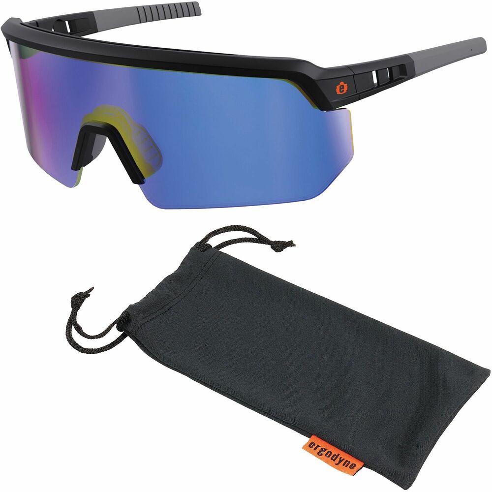 EGO55007 - Aegir Safety Glasses feature an oversized, blade-style design, providing superior eye protection and maximized field of vision. Polycarbonate lenses protect against impacts and filter 99.9 percent of harmful UVA, UVB and UVC rays. High-strength frame is built for durability. Rubberized nose bridge and temples offer nonslip security and resist sweat for all-day comfort. Rubber temples bend and re-bend to accommodate a variety of head shapes and fit preferences. Impact-resistant safety glasses are tested to ANSI/ISEA Z87.1-2020 High-Velocity Impact Protection and optical requirements. They are perfect for outdoor work such as construction, landscaping, carpentry, woodworking and more. Blue mirror lenses with 20 percent VLT are ideal for outdoor and bright-light conditions.