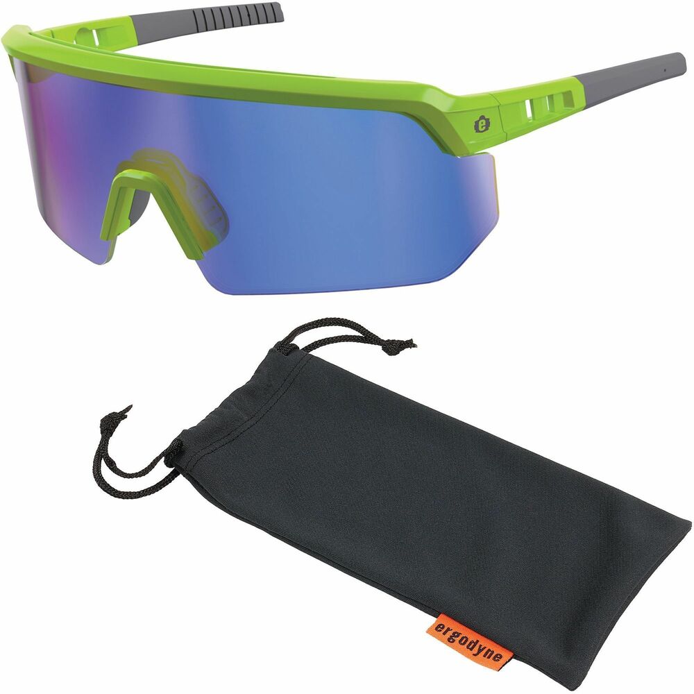 EGO55017 - Aegir Safety Glasses feature an oversized, blade-style design, providing superior eye protection and maximized field of vision. Polycarbonate lenses protect against impacts and filter 99.9 percent of harmful UVA, UVB and UVC rays. High-strength frame is built for durability. Rubberized nose bridge and temples offer nonslip security and resist sweat for all-day comfort. Rubber temples bend and re-bend to accommodate a variety of head shapes and fit preferences. Impact-resistant safety glasses are tested to ANSI/ISEA Z87.1-2020 High-Velocity Impact Protection and optical requirements. They are perfect for outdoor work such as construction, landscaping, carpentry, woodworking and more. Blue mirror lenses with 20 percent VLT are ideal for outdoor and bright-light conditions.