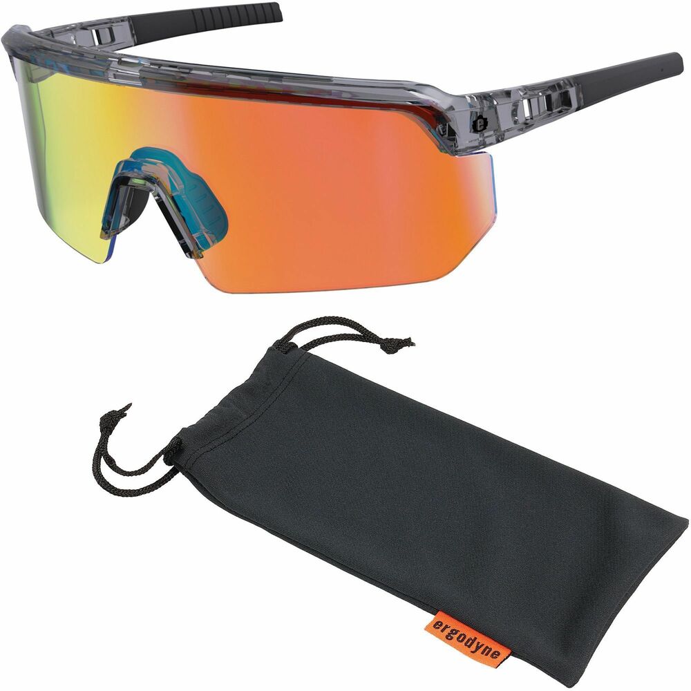 EGO55013 - Aegir Safety Glasses feature an oversized, blade-style design, providing superior eye protection and maximized field of vision. Polycarbonate lenses protect against impacts and filter 99.9 percent of harmful UVA, UVB and UVC rays. High-strength frame is built for durability. Rubberized nose bridge and temples offer nonslip security and resist sweat for all-day comfort. Rubber temples bend and re-bend to accommodate a variety of head shapes and fit preferences. Impact-resistant safety glasses are tested to ANSI/ISEA Z87.1-2020 High-Velocity Impact Protection and optical requirements. They are perfect for outdoor work such as construction, landscaping, carpentry, woodworking and more. Orange mirror lenses with 20 percent VLT are ideal for outdoor and bright-light conditions.