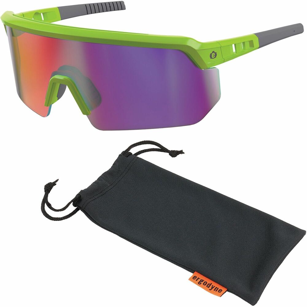 EGO55015 - Aegir Safety Glasses feature an oversized, blade-style design, providing superior eye protection and maximized field of vision. Polycarbonate lenses protect against impacts and filter 99.9 percent of harmful UVA, UVB and UVC rays. High-strength frame is built for durability. Rubberized nose bridge and temples offer nonslip security and resist sweat for all-day comfort. Rubber temples bend and re-bend to accommodate a variety of head shapes and fit preferences. Impact-resistant safety glasses are tested to ANSI/ISEA Z87.1-2020 High-Velocity Impact Protection and optical requirements. They are perfect for outdoor work such as construction, landscaping, carpentry, woodworking and more. Purple mirror lenses with 20 percent VLT are ideal for outdoor and bright-light conditions.