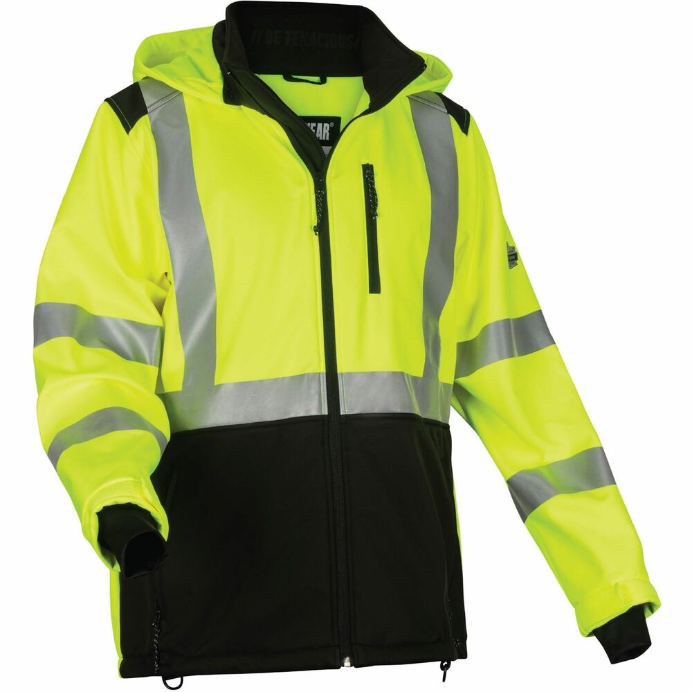 EGO23527 - GloWear 8353 Hi-Vis Softshell Water-resistant Jacket features a 100 percent polyester shell with polyurethane coating for water-resistant, wind-resistant protection. Lightweight, breathable poly has a soft, polar fleece lining for warmth and comfort. Thumb loops trap heat and keep sleeves in place. Built for the worksite, the removable hood is large enough to be pulled up over hard hats and easily detaches when not needed. Adjustable hook-and-loop cuffs seal out cold and allow comfortable wear with gloves. For a snug, custom fit that keeps cold air out, softshell also features an elastic bungee waist and a long tail that won't ride up. Zippered closure allows easy on/off. This Type R Class 3 jacket includes two lower front pockets, one upper chest cell phone pocket, three zippered interior pockets and two D-rings for convenient access and storage. It fits torsos up to 61" in diameter. Sleeves are 29-1/2" long. Center back is 33-3/5" long.