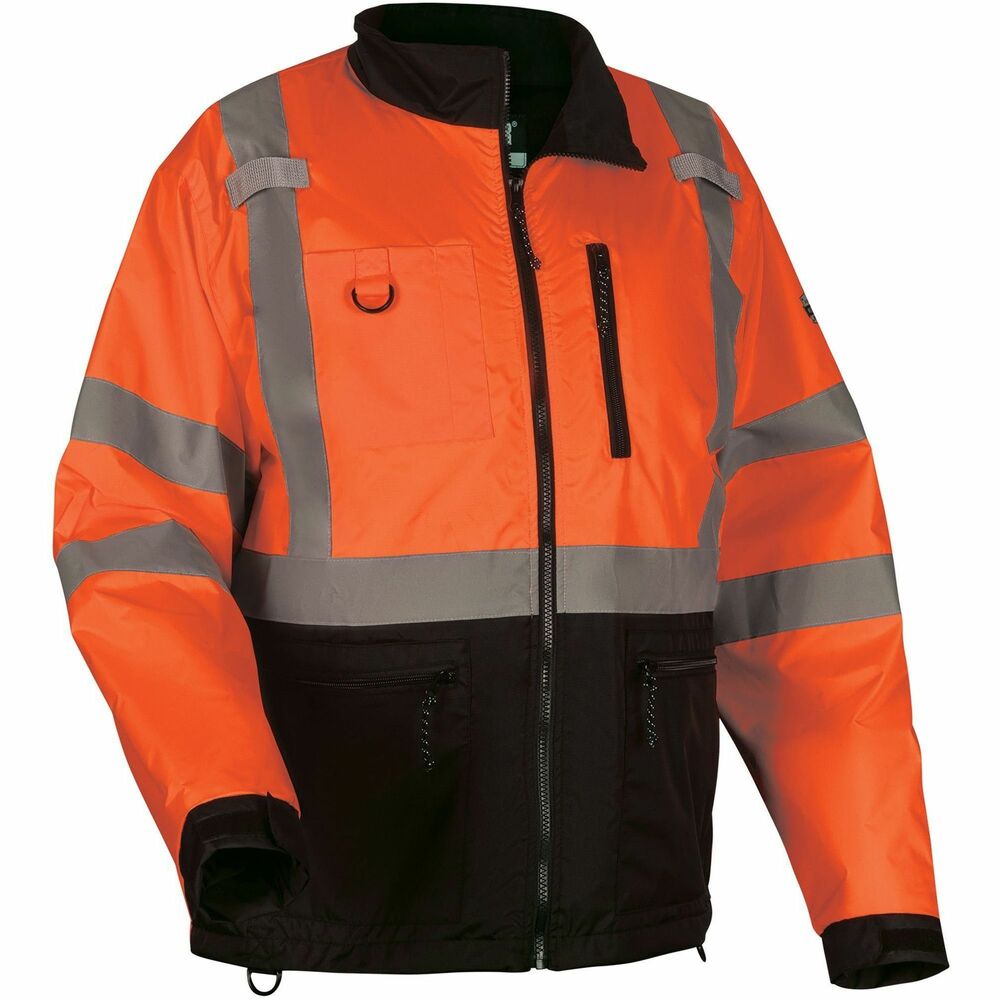 EGO23432 - GloWear 8351 Type R Class 3 Hi-Vis Windbreaker Water-Resistant Jacket offers protection from the elements using its breathable, polyester ripstop shell with polyurethane coating to resist both water and wind. Soft, lightweight fleece lining adds warmth and comfort for cool environments. Unlike typical boxy and bulky Hi-Vis gear, this lightweight jacket is designed for a more athletic fit, easy movement and comfort on and off the jobsite. Adjustable hook-and-loop cuffs seal out cold and allow comfortable, low-bulk wear with gloves. Elastic bungee waist adjusts for a snug fit that keeps cold air out. Zippered closure allows easy on and off. For convenient access and storage, machine-washable windbreaker also features two lower front pockets, an upper chest cell phone pocket, dual-slot pen pocket, zippered fleece-lined interior pocket, three D-rings and two mic tabs. Small size with 25" long sleeves and 26-1/4" long center back fits torsos up to 49" in diameter.