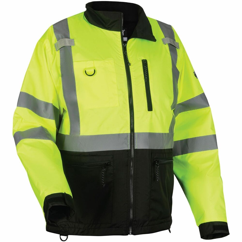 EGO23427 - GloWear 8351 Type R Class 3 Hi-Vis Windbreaker Water-Resistant Jacket offers protection from the elements using its breathable, polyester ripstop shell with polyurethane coating to resist both water and wind. Soft, lightweight fleece lining adds warmth and comfort for cool environments. Unlike typical boxy and bulky Hi-Vis gear, this lightweight jacket is designed for a more athletic fit, easy movement and comfort on and off the jobsite. Adjustable hook-and-loop cuffs seal out cold and allow comfortable, low-bulk wear with gloves. Elastic bungee waist adjusts for a snug fit that keeps cold air out. Zippered closure allows easy on and off. For convenient access and storage, machine-washable windbreaker also features two lower front pockets, an upper chest cell phone pocket, dual-slot pen pocket, zippered fleece-lined interior pocket, three D-rings and two mic tabs. 3X size with 28" long sleeves and 30" long center back fits torsos up to 59" in diameter.