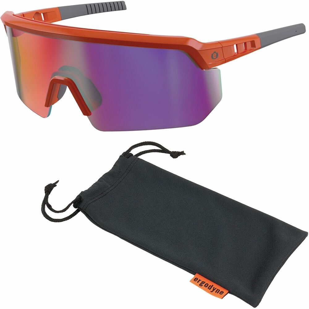 EGO55020 - Aegir Anti-Scratch & Enhanced Anti-Fog Safety Glasses feature an oversized, blade-style design, providing superior eye protection and maximized field of vision. Tough, scratch-resistant, anti-fog, polycarbonate lenses protect against impacts and filter 99.9 percent of harmful UVA, UVB and UVC rays. High-strength frame is built for durability. Rubberized nose bridge and temples offer nonslip security and resist sweat for all-day comfort. Rubber temples bend and re-bend to accommodate a variety of head shapes and fit preferences. Fog-Off Plus technology combines durable scratch-resistance with enhanced, anti-fog performance for clear viewing no matter the job. Impact-resistant safety glasses are tested to ANSI/ISEA Z87.1-2020 High-Velocity Impact Protection and optical requirements. They are perfect for outdoor work such as construction, landscaping, carpentry, woodworking and more. Purple mirror lenses with 20 percent VLT are ideal for outdoor and bright-light conditions.