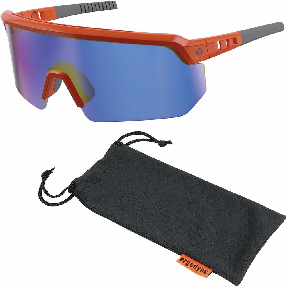 EGO55022 - Aegir Anti-Scratch & Enhanced Anti-Fog Safety Glasses feature an oversized, blade-style design, providing superior eye protection and maximized field of vision. Tough, scratch-resistant, anti-fog, polycarbonate lenses protect against impacts and filter 99.9 percent of harmful UVA, UVB and UVC rays. High-strength frame is built for durability. Rubberized nose bridge and temples offer nonslip security and resist sweat for all-day comfort. Rubber temples bend and re-bend to accommodate a variety of head shapes and fit preferences. Fog-Off Plus technology combines durable scratch-resistance with enhanced, anti-fog performance for clear viewing no matter the job. Impact-resistant safety glasses are tested to ANSI/ISEA Z87.1-2020 High-Velocity Impact Protection and optical requirements. They are perfect for outdoor work such as construction, landscaping, carpentry, woodworking and more. Blue mirror lenses with 20 percent VLT are ideal for outdoor and bright-light conditions.