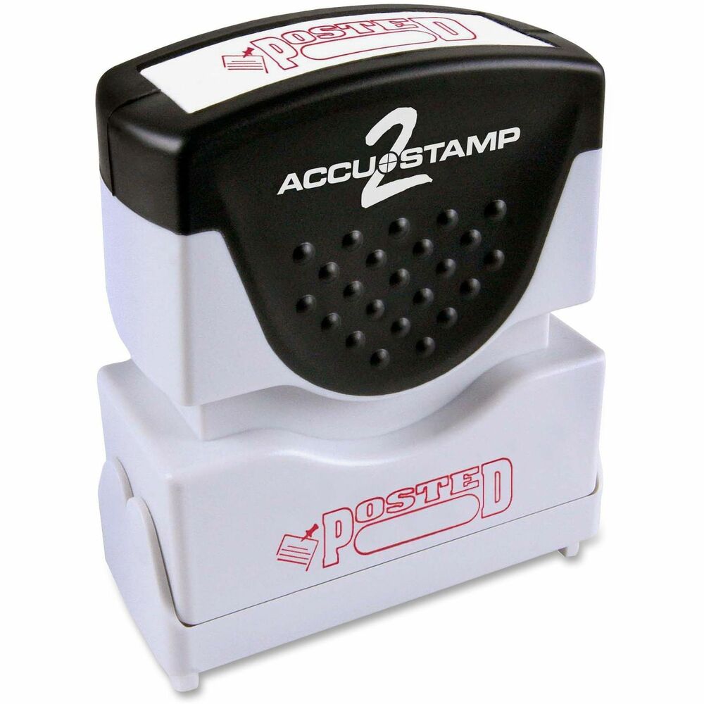 COS035580 - Accustamp 2 Shutter Stamp features a unique soft-touch grip for easy stamping. Textured grip on the ergonomically designed handle is made of rubber for your comfort. The frame is made of sturdy plastic. To protect your stamp, a unique dust cover automatically opens and closes while stamping. For easy identification of your one-color stamp, the frame also includes dual-title labeling that reads POSTED with a red icon and red box for the date on the front and top. Shutter stamp makes thousands of impressions and is re-inkable for thousands more. The stamp makes an average of 20,000 impressions. Actual stamp impression is 1/2" x 1-5/8".