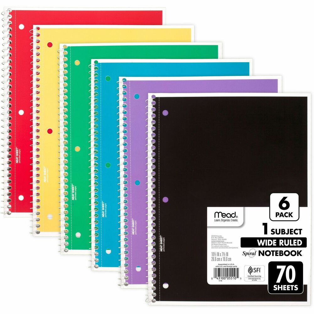 MEA73063 - Classic 1 subject notebook is wide ruled for easy notetaking. It's versatile and perfect for a variety of uses including in-class assignments and homework.Stay on top of your homework, in-class assignments, projects and more with this Mead 1 Subject Spiral Notebook1 subject notebook comes with 70 wide ruled, double-sided sheetsSheets measure 10 1/2" x 7 1/2" when torn out with an overall size of 10 1/2" x 8". Perforation easily tears out with clean edges.Wide ruling is ideal for the younger student who needs more space between linesNotebook is 3-hole punched to store in your favorite binderCovers are coated for durabilityGreat for color coding by subject, pack includes 6 notebooks in assorted colors: Red, Blue, Green, Yellow, Purple, Black. Colors chosen for you and may vary.Crafted with pride and assembled in the U.S.A.