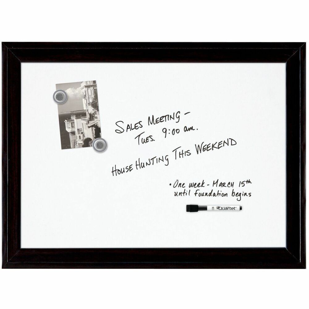 QRT79282 - Bold, black frame stands in stark contrast to white dry-erase board surface for a modern look. Dry-erase surface is magnetic so that board can also function as a magnetic bulletin board. Best for light, personal use to post reminders and write messages to family members and friends. Flexible mounting allows board to be placed vertically or horizontally. Mounting hardware is included along with a dry-erase marker and magnet accessories.