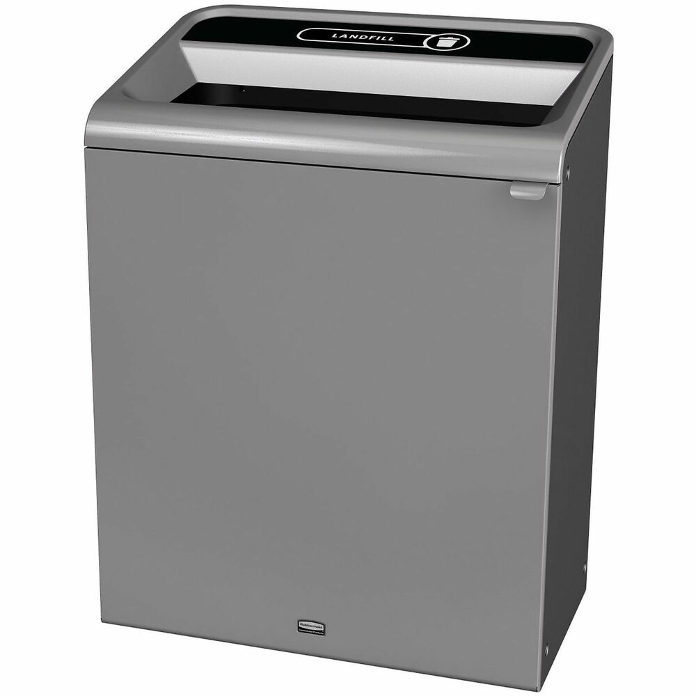 RCP1961507 - Configure Decorative Waste Container provides a recycling solution with sleek, smooth surfaces and contoured edges. Modern appearance will fit seamlessly into any indoor or outdoor commercial environment. Heavy-gauge stainless steel, one-stream recycler features contoured edges and magnetic connections that keep receptacles perfectly aligned to one another for a professional appearance. Rounded, easy-glide feet allow the container to be moved efficiently while a color-coded label and single-stream open top reliably collect recyclables or waste. Easy-access front door with handle allows ergonomic removal of materials from the recycler while an internal door hinge prevents wall damage. Rigid plastic liner with handles has integrated cinches for knot-free bag changes and built-in venting channels that allow air to flow into the garbage can for easier disposal. Front color is Grey Stenni Gloss. Side and back color is textured black.