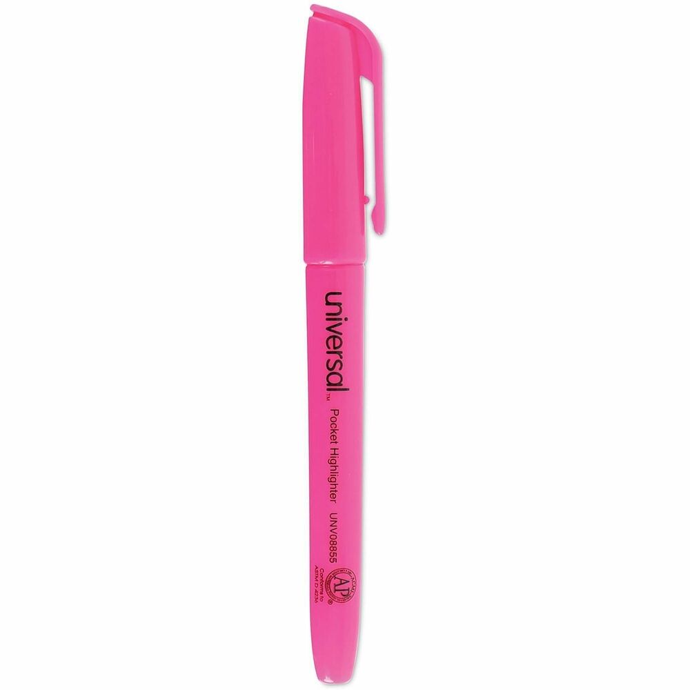 UNV08855 - Universal™ Pocket Highlighters are well-designed highlighting pens that feature bright, vibrant colors. The chisel tip allows for both broad and narrow lines. Long cap with pocket clip holds firmly on either end of the highlighter so it doesn't get lost. The bright ink stands out on the page and dries quickly. Enjoy effortless highlighting with a slender barrel that's comfortable and easy to hold.