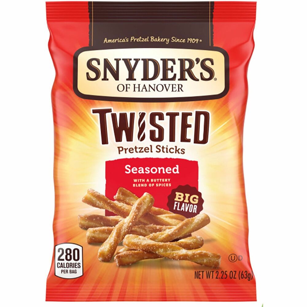 OFX14750 - Twisted Seasoned Pretzel Sticks are generously seasoned with a buttery blend of spices including onion, garlic and pepper. With big, irresistibly craveable flavor and a light, crispy crunch, they'll send your taste buds spinning and keep you coming back for more. Snack bags are perfect for breakrooms or on-the-go enjoyment.