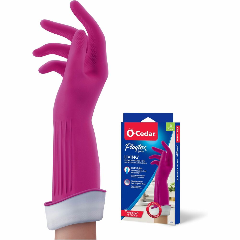 FHP166118 - For worry-free cleaning at your fingertips, Playtex Living Gloves provide triple-layer premium protection from water and harmful household chemicals. They are extra-long, reusable and durable with three layers of latex, nitrile and neoprene. Drip-Catch Cuff prevents back drip and splashes onto clothing and skin, keeping your hands and arms dry. Living Gloves also feature Perfect Flex for excellent fit, feel and comfort. They're complete with Ultra-Fresh antimicrobial technology to inhibit bacteria growth and lingering odors for long-lasting freshness. Textured palm and fingertips improve grip when holding wet objects. Soft cotton lining delivers comfort and ease of putting on and taking off.