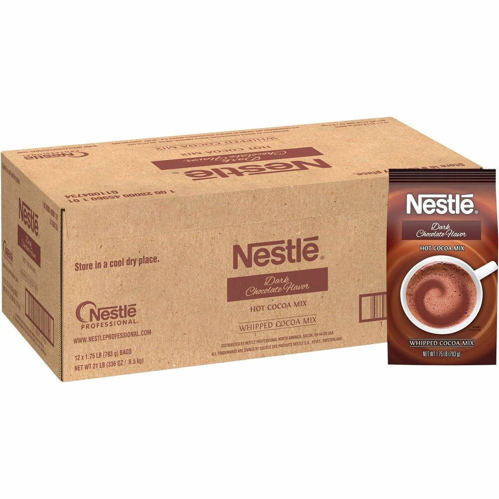 NES45960 - Nestle Dark Chocolate Hot Cocoa Mix is a sweet yet dark chocolate-flavored cup of hot cocoa that creates a rich taste. It is made with real Nestle cocoa using sustainably sourced cocoa beans and is part of the Nestle Cocoa Plan to support farmers for better chocolate. Use kosher dairy mix in food and beverage applications. Store it in a cool, dry place up to 18 months. Bulk hot cocoa mix is perfect for cafeterias, restaurants, beverage stations and more.