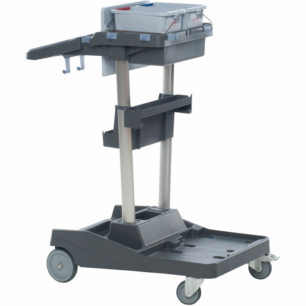 VLD143724 - Small, compact, VoleoPro Cart is perfect for cleaning areas with limited space. It does not occupy much space when in use and allows easy storing even in small, narrow rooms. Cart includes a bridge shelf, braking front wheel, two 6-liter buckets, cleaning plan holder with protective plastic, two metal rods to hold a garbage bag and 10 hooks. Keep your garbage bag covered with the Vileda Professional Zipper Bin Bag Cover (not included). Quickly and easily reconfigure the cart using Vileda Professional floor cleaning systems (not included).
