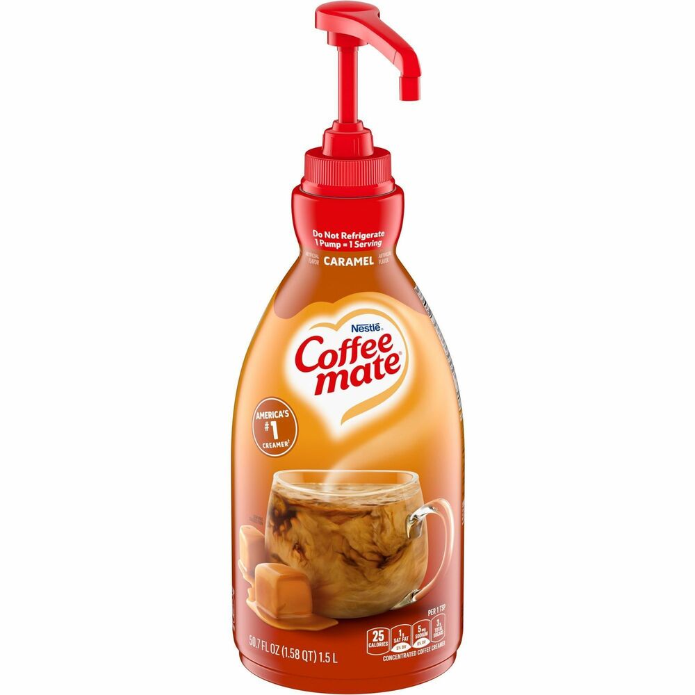NES73358 - Caramel Liquid Creamer adds a smooth, buttery caramel flavor to your cup of coffee. Cost-effective, efficient pump bottle allows easy dispensing and cleaning between uses. It requires no refrigeration with a 9-month shelf life for bottles that remain unopened. Pump bottle delivers 300 servings. One pump equals a single-serve liquid creamer without the waste. It is kosher dairy and free of cholesterol, gluten and lactose.