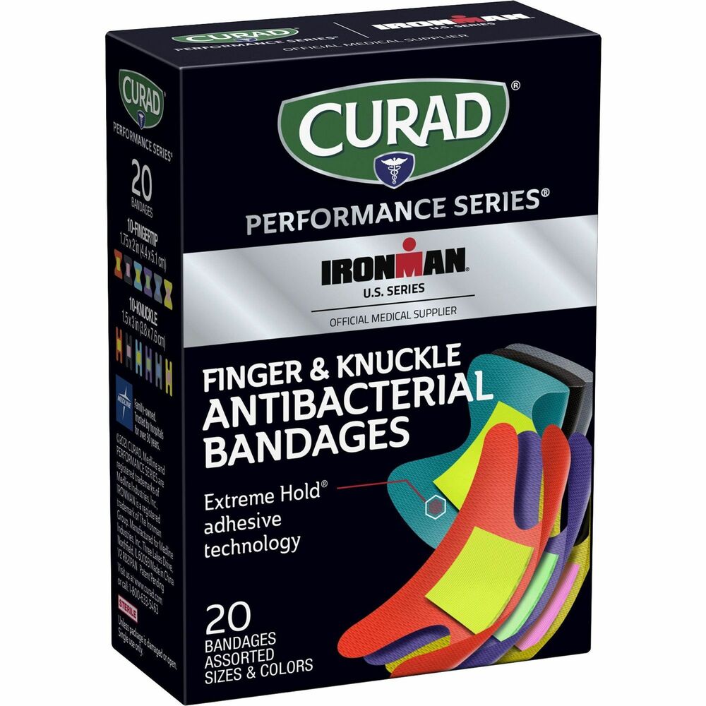 MIICURIM5021V1 - Part of the CURAD Performance Series, these Fingertip and Knuckle Antibacterial Ironman Bandages include a medicated absorbent pad with first-aid antiseptic. It helps prevent infection and protects cuts, scrapes or minor burns from dirt and germs. Nonstick pad won't disrupt the wound and features 0.8 percent benzalkonium chloride to help prevent infection. Extreme Hold adhesive technology with four-sided seal keeps the sterile bandage firmly in place on fingertips and knuckles to protect against dirt and germs. This extreme hold makes these bandages ideal to wear when active or playing sports. Durable, heavy-duty fabric offers outstanding protection for sports and active lifestyles. Rugged woven fabric conforms to body and flexes with movement. This product is intended for use on the body only.