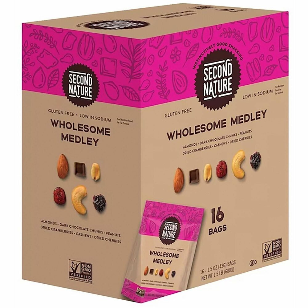 OFX08719 - Wholesome Medley features a naturally savory and sweet assortment of whole almonds, whole cashews, whole peanuts, cherries, cranberries and dark chocolate. Trail mix is low in sodium per 1 oz. serving. Individual bags are perfect for on-the-go snacking.
