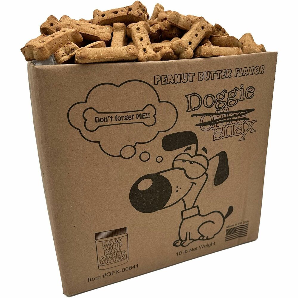 OFX00641 - Doggie treats in a 10 lb. bulk box feature a peanut butter flavor to give your furry friends a moment to smile about. High-quality ingredients provide an irresistible taste to please even the fussiest eaters. Plastic-lined box maintains lasting freshness to ensure every treat is just as tasty as the one before. Large-size biscuits are perfect for banks, salons and other businesses where dogs are welcome.