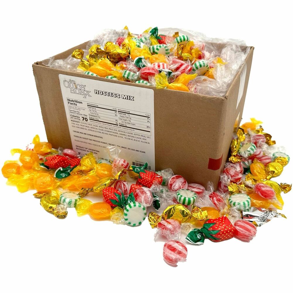 OFX00616 - Hostess Candy Mix includes individually wrapped pieces of classic, popular hard candies. 5 lb. bag contains Starlight Mints, Butterscotch, Cinnamon Discs, Strawberry Bon Bons and other delicious candies. Various candy options are a great addition to meetings and reception desks.