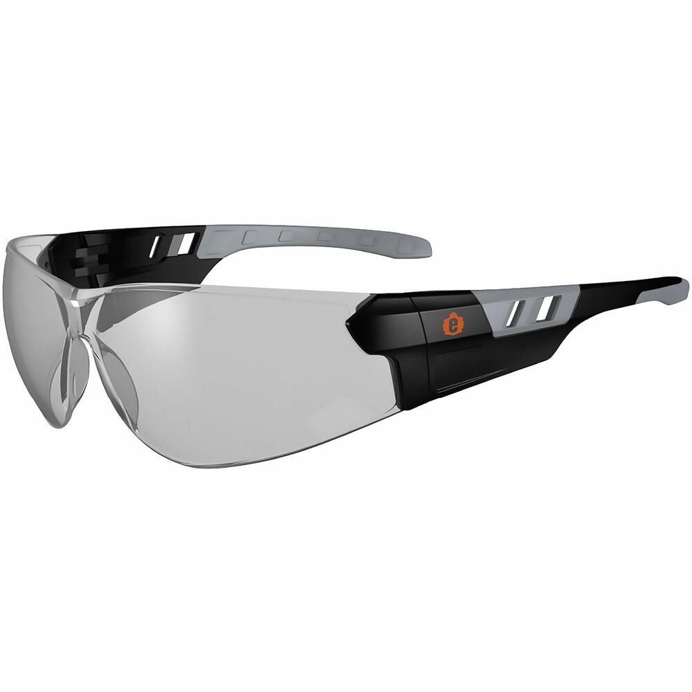 EGO59185 - Skullerz Saga Anti-Scratch & Enhanced Anti-Fog Safety Glasses feature a sleek, sporty, frameless design with a wide field of vision. Tough, anti-scratch, anti-fog, polycarbonate lenses protect against impacts and filter 99.9 percent of harmful UVA, UVB and UVC rays. Contoured nose bridge provides a comfortable fit that won't slip or pinch. Flex-fit, nonslip temples reduce pressure and headaches caused by tight-fitting glasses. Temple accessory slots are compatible with attachable lanyards (not included) and improve airflow when not in use. Fog-Off Plus technology delivers scratch-resistance and enhanced, anti-fog performance for clear viewing no matter the job. Impact-resistant safety glasses are tested to ANSI/ISEA Z87.1-2020 High-Velocity Impact Protection and optical requirements. Indoor/outdoor lenses with 50 percent VLT are ideal for indoor, nighttime, hazy and cloudy conditions.